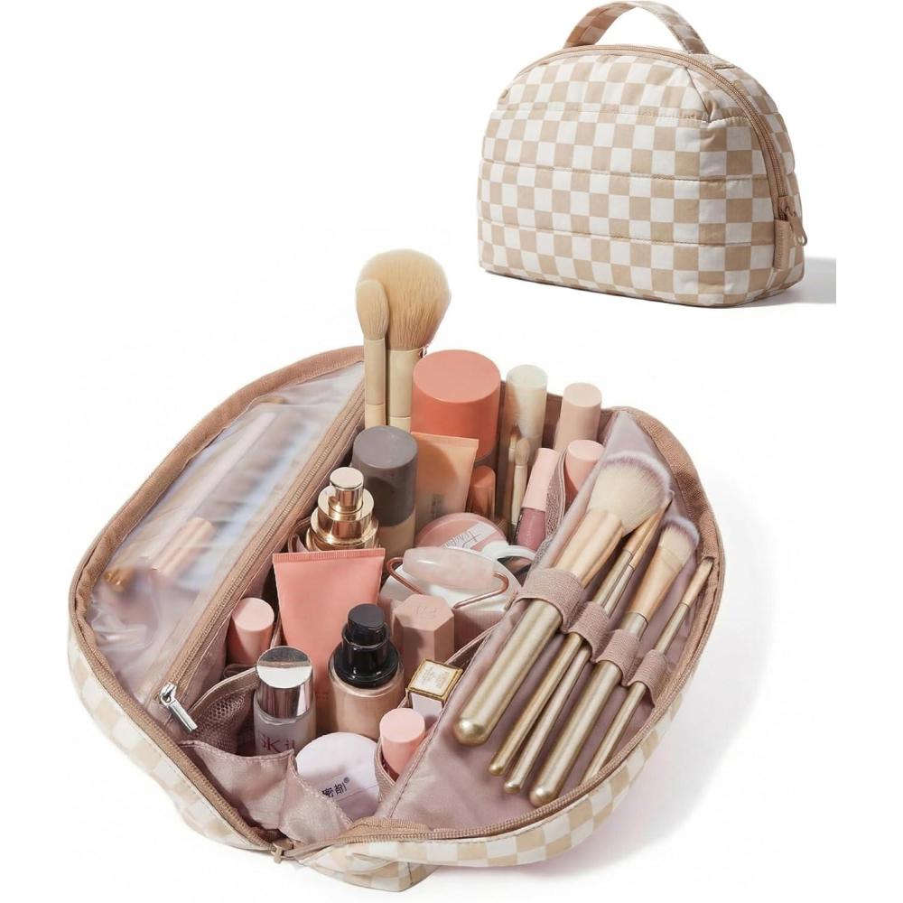 image:imageBAGSMART Travel Makeup Bag for Women Portable Folddown Cosmetic Case Puffy Padded Make Up Organizer Pouch Waterresistant Toiletry Bag for Toiletries Brushes Leopard PrintKhaki Brown checkered Print