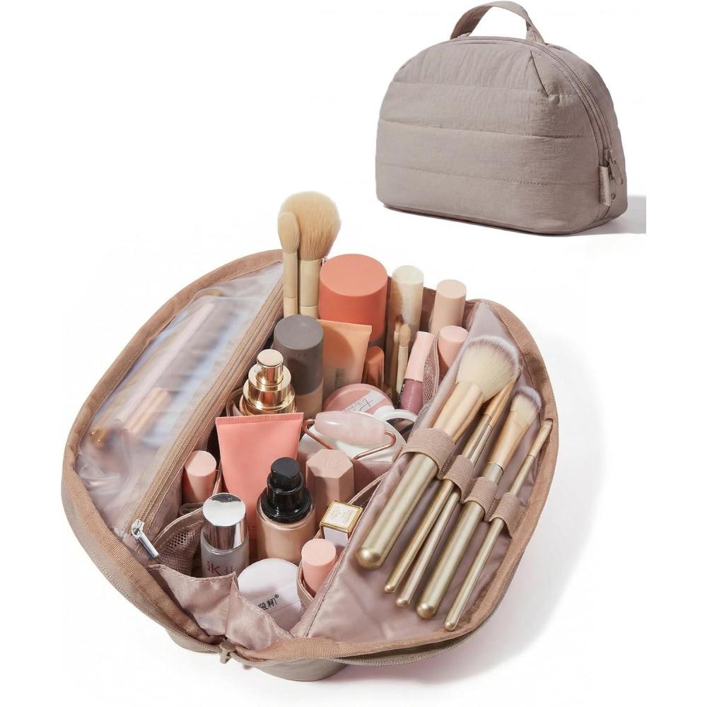 image:imageBAGSMART Travel Makeup Bag for Women Portable Folddown Cosmetic Case Puffy Padded Make Up Organizer Pouch Waterresistant Toiletry Bag for Toiletries Brushes Leopard PrintBrown