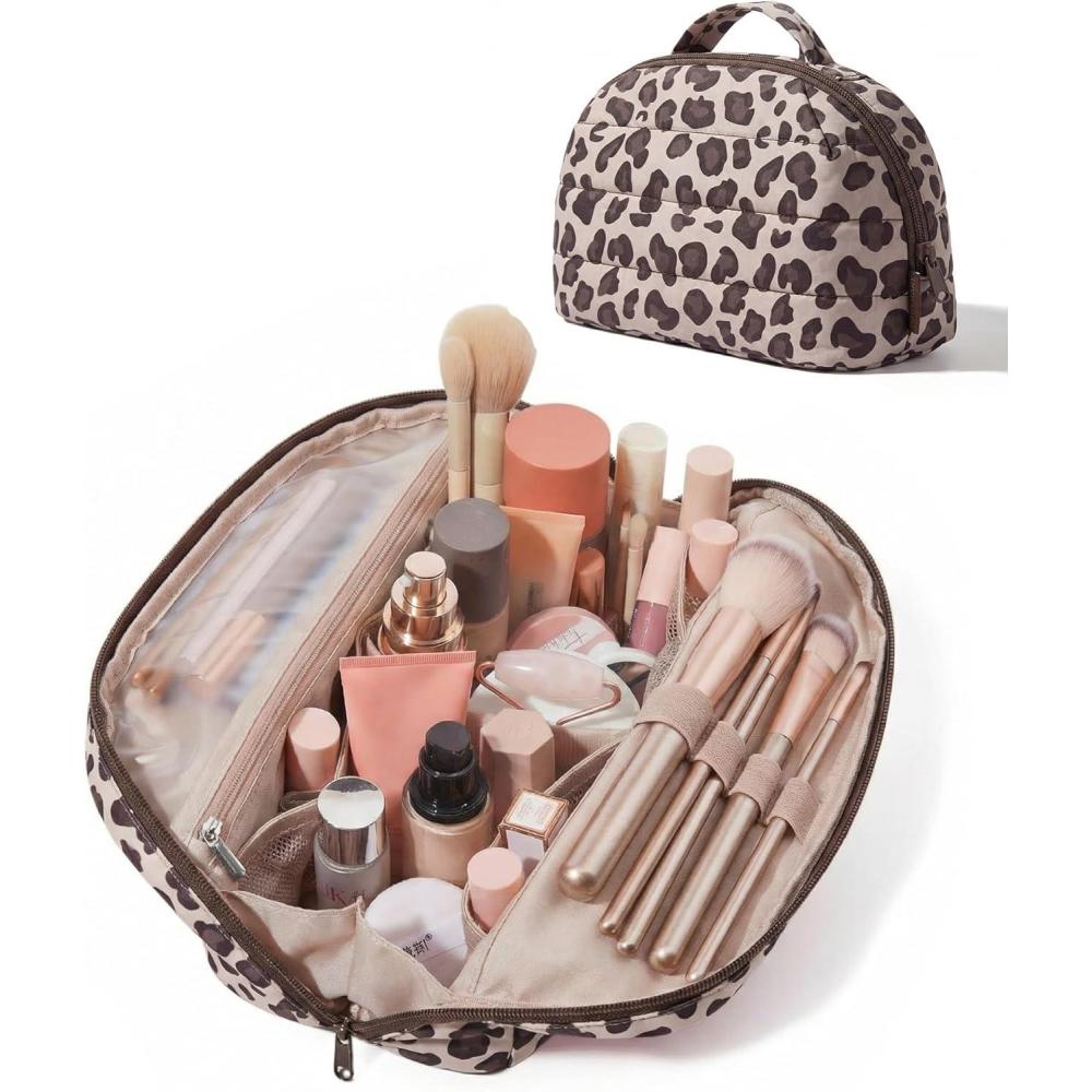 image:imageBAGSMART Travel Makeup Bag for Women Portable Folddown Cosmetic Case Puffy Padded Make Up Organizer Pouch Waterresistant Toiletry Bag for Toiletries Brushes Leopard PrintLeopard Print
