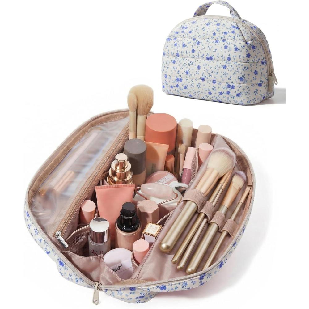 image:imageBAGSMART Travel Makeup Bag for Women Portable Folddown Cosmetic Case Puffy Padded Make Up Organizer Pouch Waterresistant Toiletry Bag for Toiletries Brushes Leopard PrintBlue Ditsy Floral Print