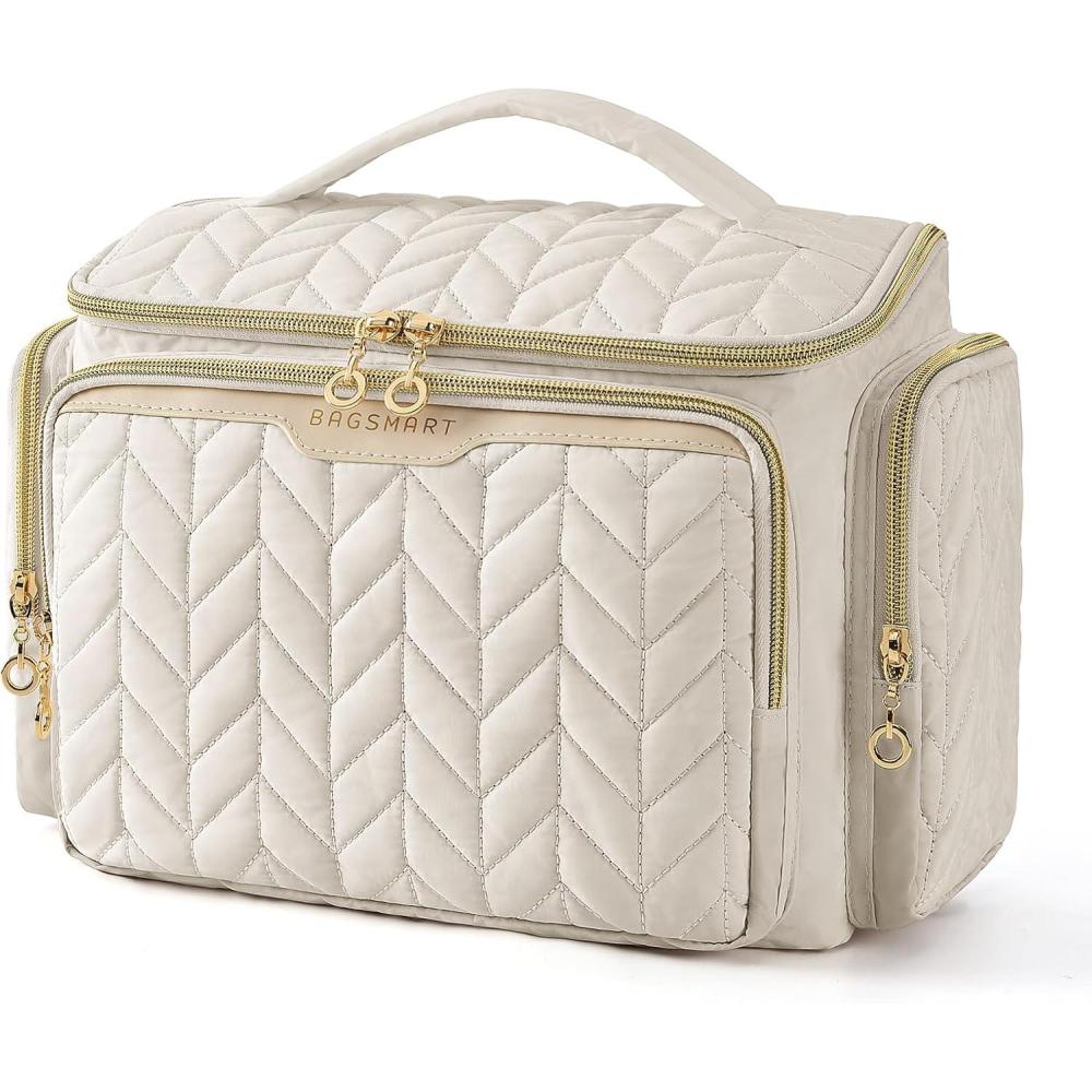 image:imageBAGSMART Travel Toiletry Bag Large Wideopen Travel Bag for Toiletries Makeup Cosmetic Travel Bag with HandleCamelBeige