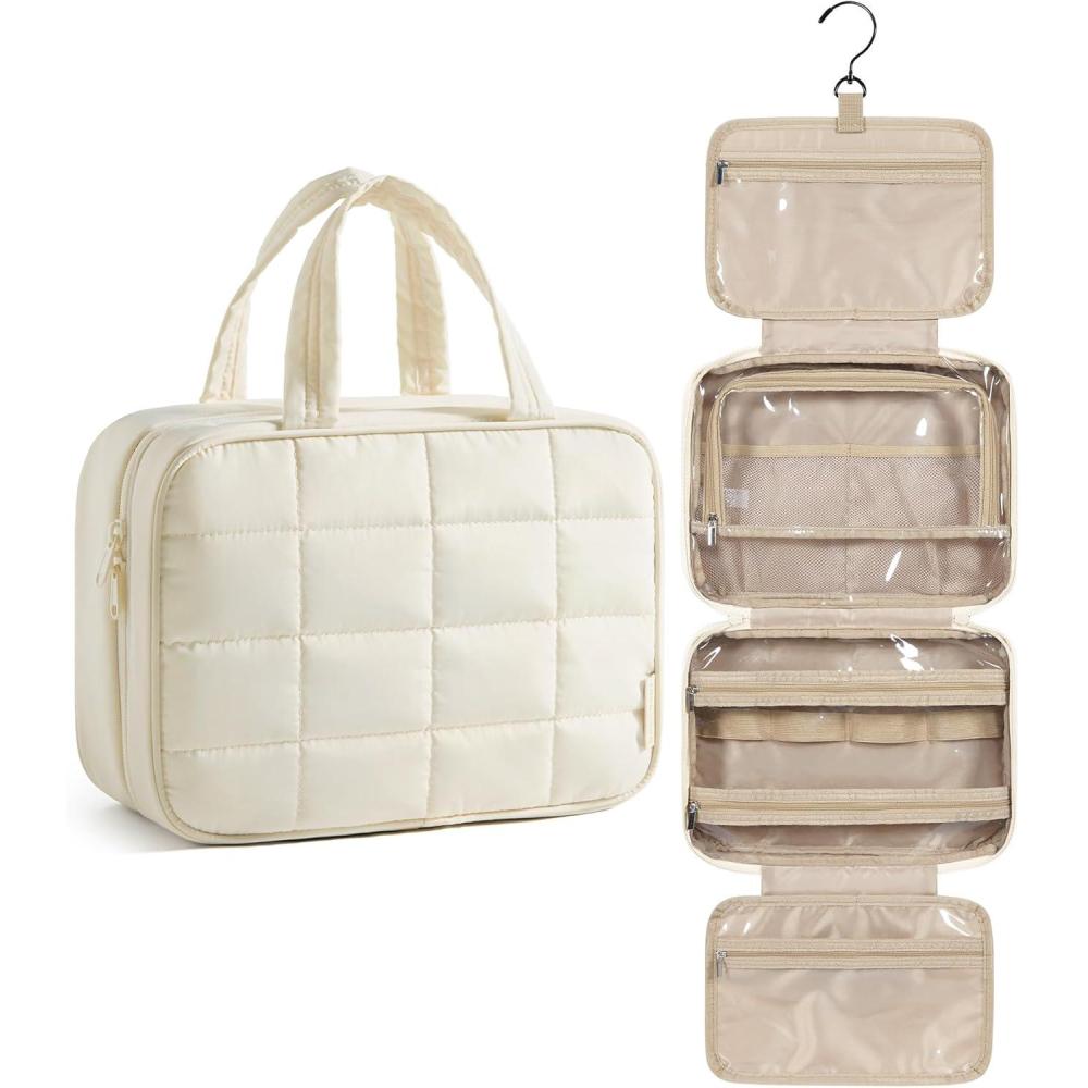 image:imageBAGSMART Travel Toiletry Bag for Women Hanging Travel Bag for Toiletries Puffy Makeup Cosmetic Bag Organizer Carryon Travel Accessories Essentials CamelBeige
