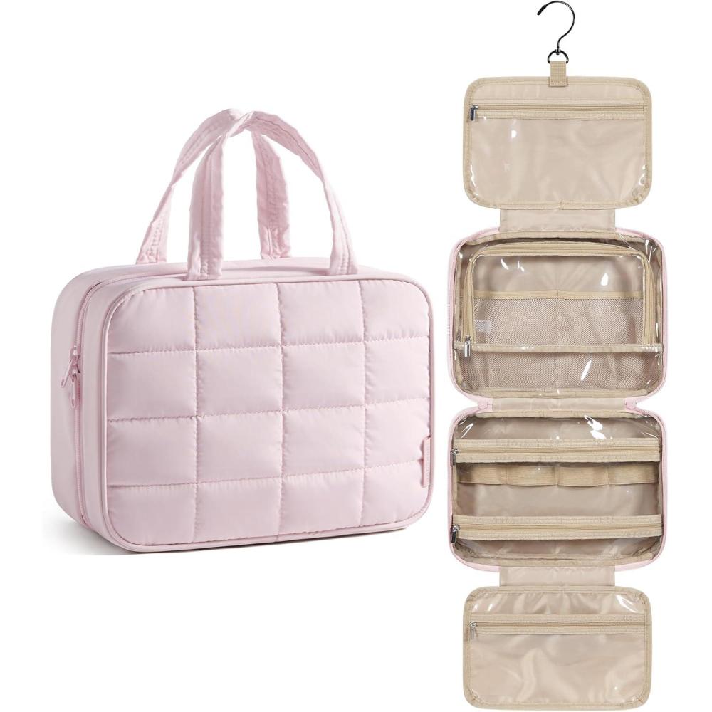 image:imageBAGSMART Travel Toiletry Bag for Women Hanging Travel Bag for Toiletries Puffy Makeup Cosmetic Bag Organizer Carryon Travel Accessories Essentials CamelPink