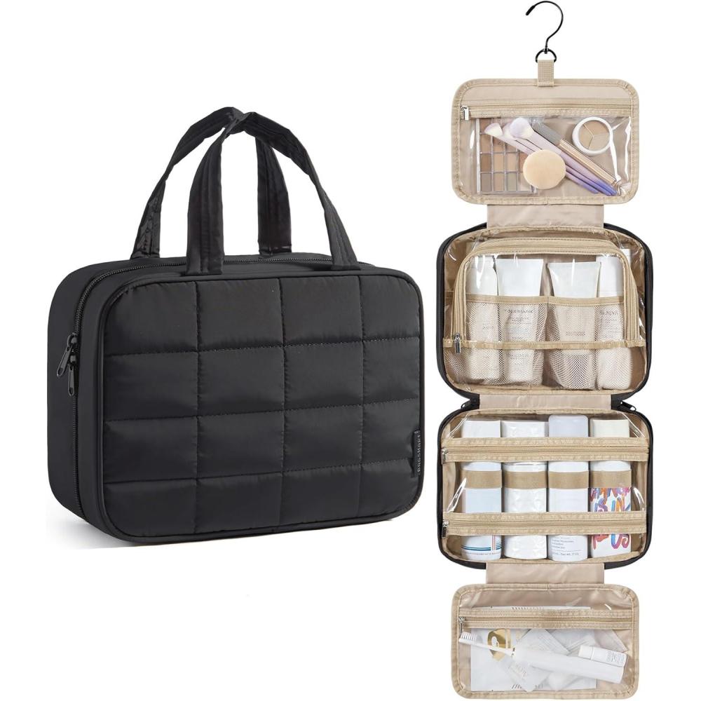 image:imageBAGSMART Travel Toiletry Bag for Women Hanging Travel Bag for Toiletries Puffy Makeup Cosmetic Bag Organizer Carryon Travel Accessories Essentials CamelBlack
