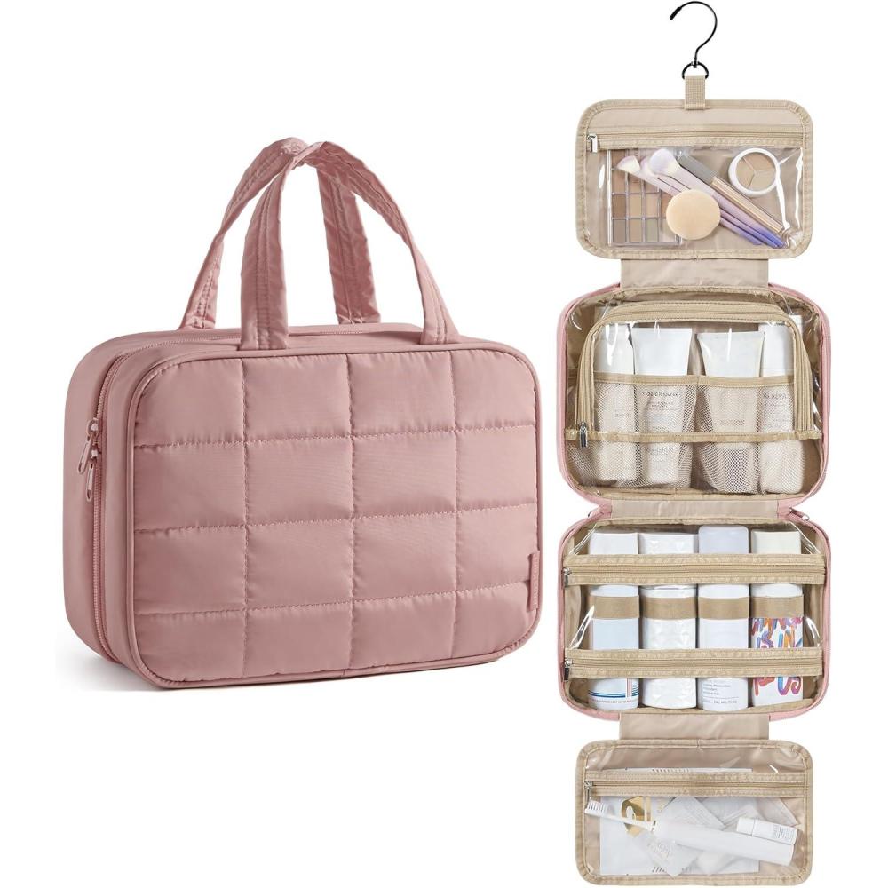 image:imageBAGSMART Travel Toiletry Bag for Women Hanging Travel Bag for Toiletries Puffy Makeup Cosmetic Bag Organizer Carryon Travel Accessories Essentials CamelDark Pink