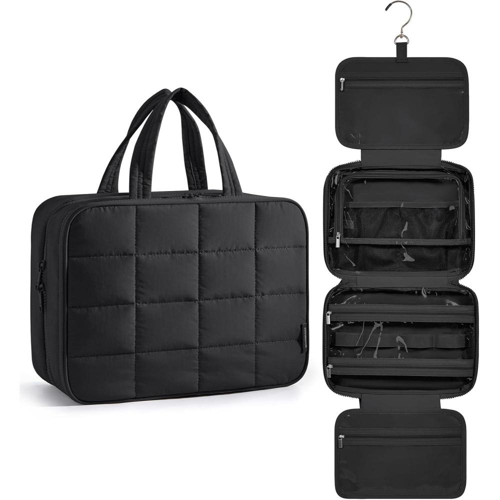 image:imageBAGSMART Travel Toiletry Bag with Jewelry Organizer Hanging Travel Bag for Toiletries Puffy Makeup Cosmetic Bag Organizer Carryon Travel Accessories Essentials BeigeMBlack