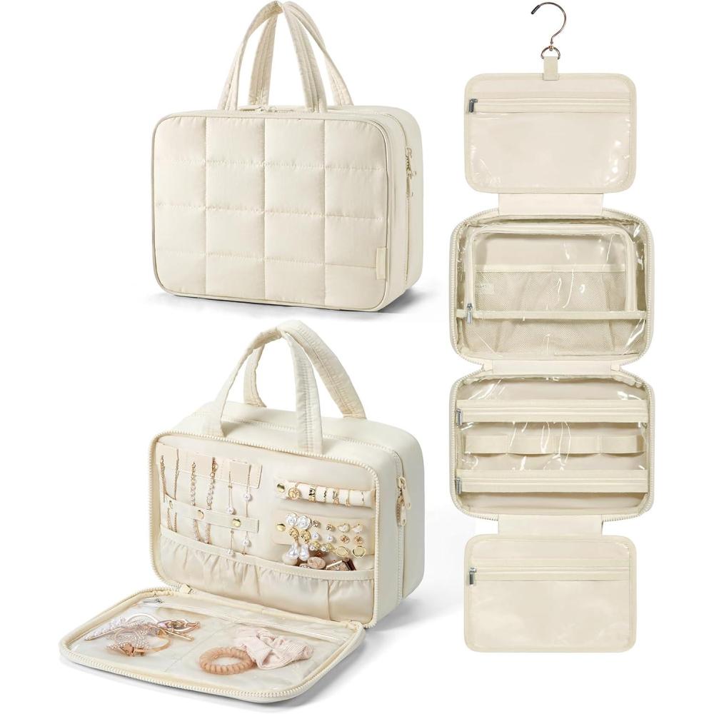 image:imageBAGSMART Travel Toiletry Bag with Jewelry Organizer Hanging Travel Bag for Toiletries Puffy Makeup Cosmetic Bag Organizer Carryon Travel Accessories Essentials BeigeMBeige