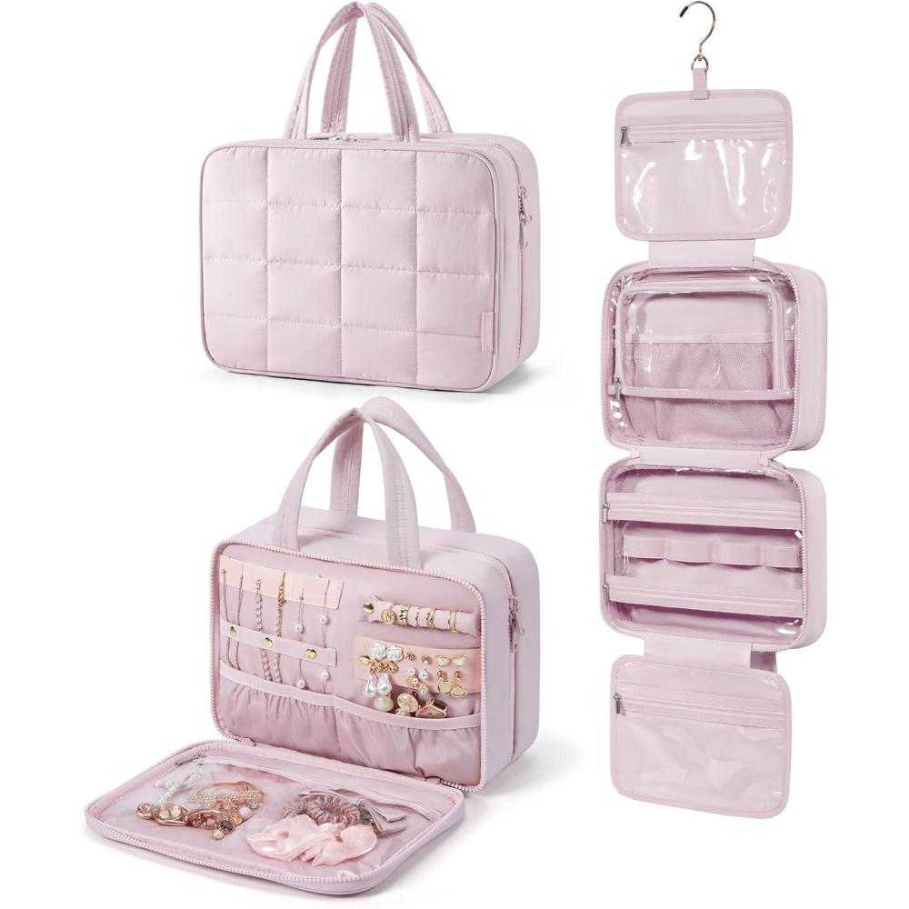 image:imageBAGSMART Travel Toiletry Bag with Jewelry Organizer Hanging Travel Bag for Toiletries Puffy Makeup Cosmetic Bag Organizer Carryon Travel Accessories Essentials BeigeMPink