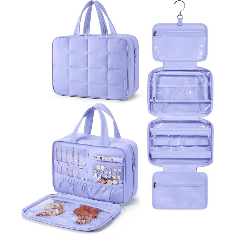 image:imageBAGSMART Travel Toiletry Bag with Jewelry Organizer Hanging Travel Bag for Toiletries Puffy Makeup Cosmetic Bag Organizer Carryon Travel Accessories Essentials BeigeMPurple
