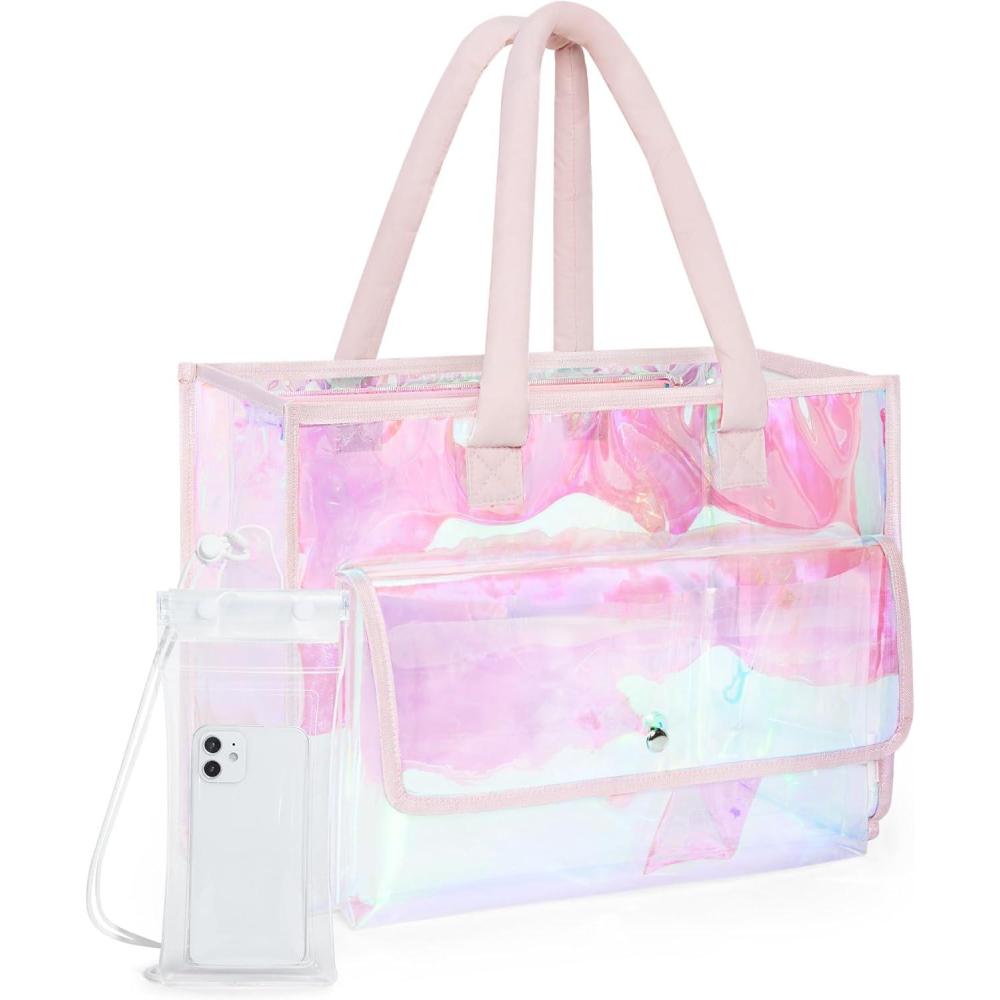 image:imageBagsmart Waterproof Beach Bag for Women with Phone Pouch Large Tote Bag for Pool Travel and VacationLiaght Pink02