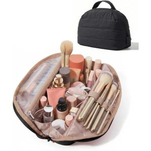 BAGSMART Travel Makeup Bag for Women, Portable Fold-down Cosmetic Case, Puffy Padded Make Up Organizer Pouch, Water-resistant Toiletry Bag for Toiletries, Brushes (Leopard Print)(Black)
