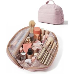 BAGSMART Travel Makeup Bag for Women, Portable Fold-down Cosmetic Case, Puffy Padded Make Up Organizer Pouch, Water-resistant Toiletry Bag for Toiletries, Brushes (Leopard Print)(Baby Pink)