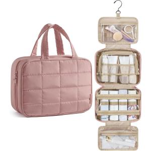 BAGSMART Travel Toiletry Bag for Women, Hanging Travel Bag for Toiletries, Puffy Makeup Cosmetic Bag Organizer, Carry-on Travel Accessories Essentials, Camel(Dark Pink)
