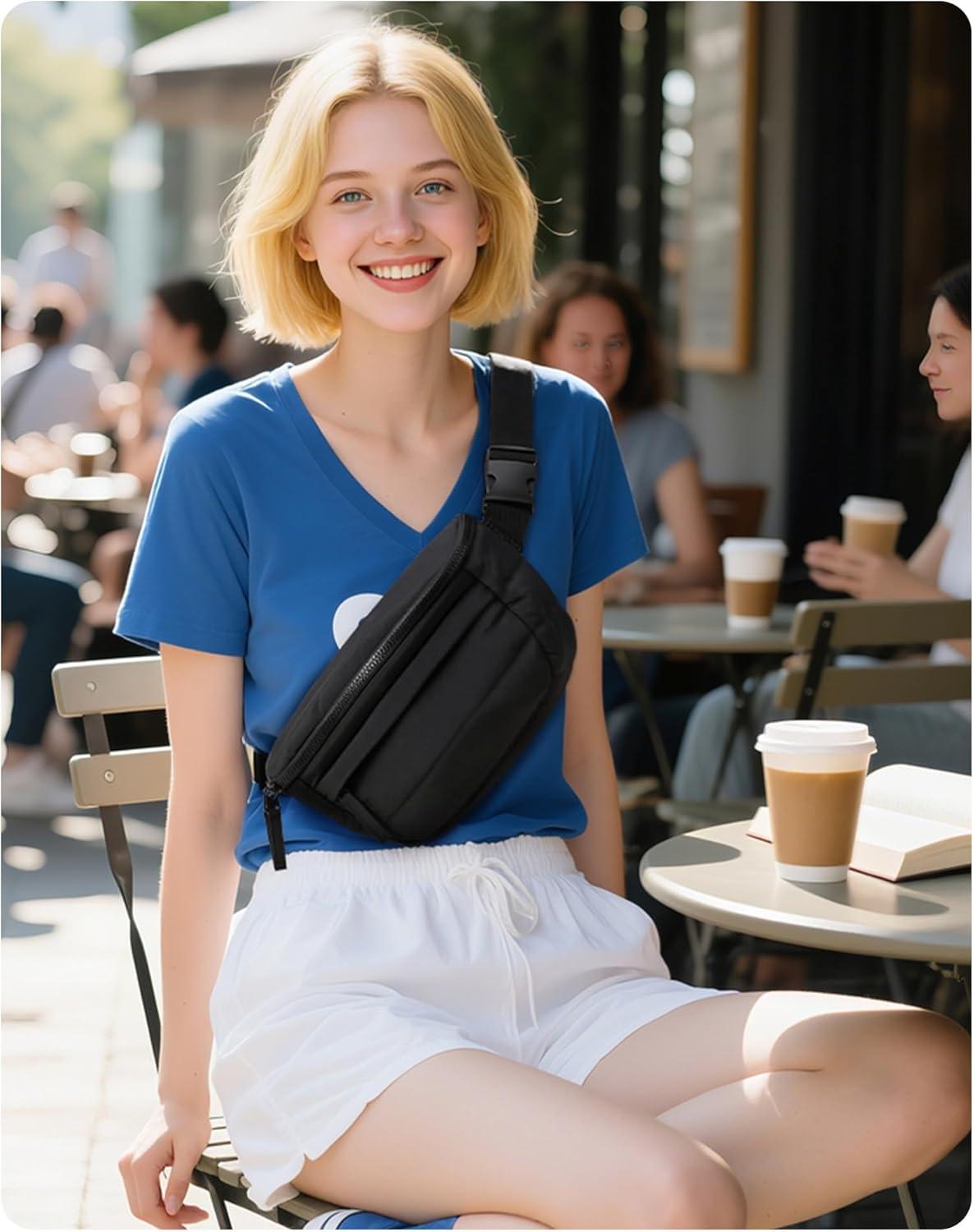 image:imageBAGSMART Fanny Packs for Women Cross Body Lightweight Puffy Belt Bag with Multi Pockets Quilted Purse for Traveling Hiking CoffeeForest Green