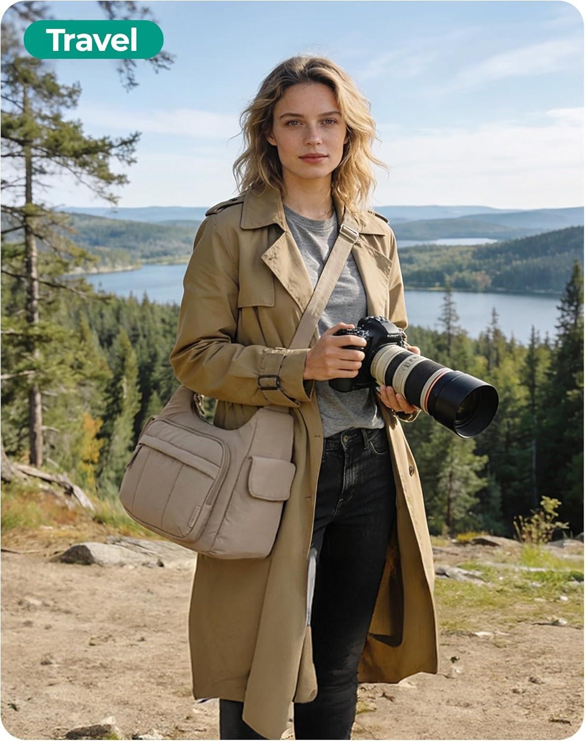 image:imageBAGSMART 2 in 1 Puffy Camera Sling Bag for Photographer Everyday Shoulder Crossbody Bag with Pockets Digital Camera Case for DSLRMirrorless BrownCoffee brown