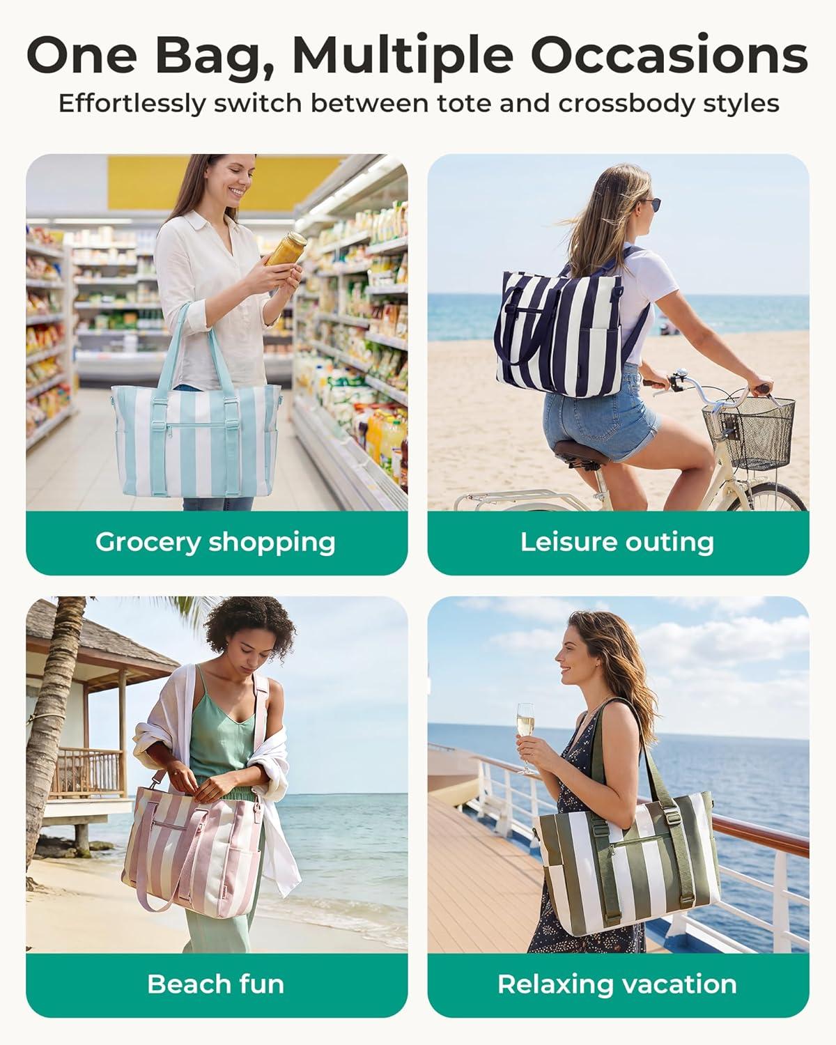 image:imageBAGSMART Large Beach Bag for Women Oversize Tote Bag for TravelPoolSummer 3Ways to Carry Cruise Essentials Family Picnic Extralarge mom bag Sandproof zip open Womens summer giftsSage Green Stripe