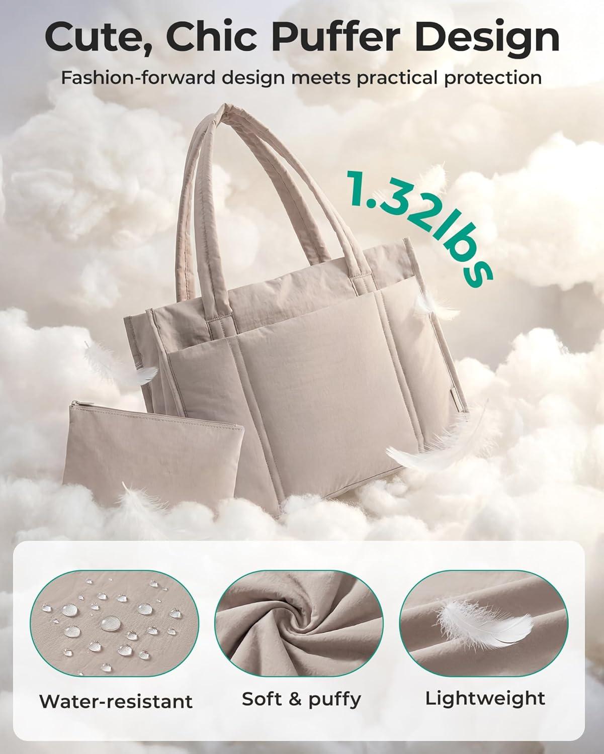 image:imageBAGSMART Tote Bag for Women 2Pc Puffer Tote Bag Set with Zipper Quilted Large Work Teacher Bag for TravelBrown