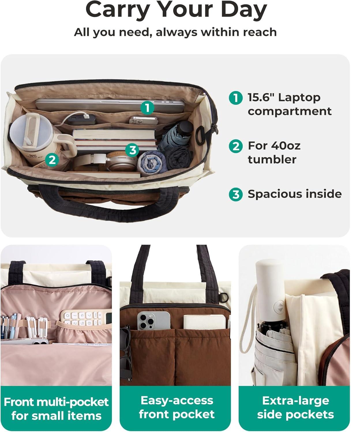 image:imageBAGSMART Tote Bag for Women Work Puffy Travel Tote Handbag Gift for Teacher amp Nurse Medium13 laptop w 30oz cup holder Large156 laptop w 40oz cup holder For campus work travel everydayHmocha Brown