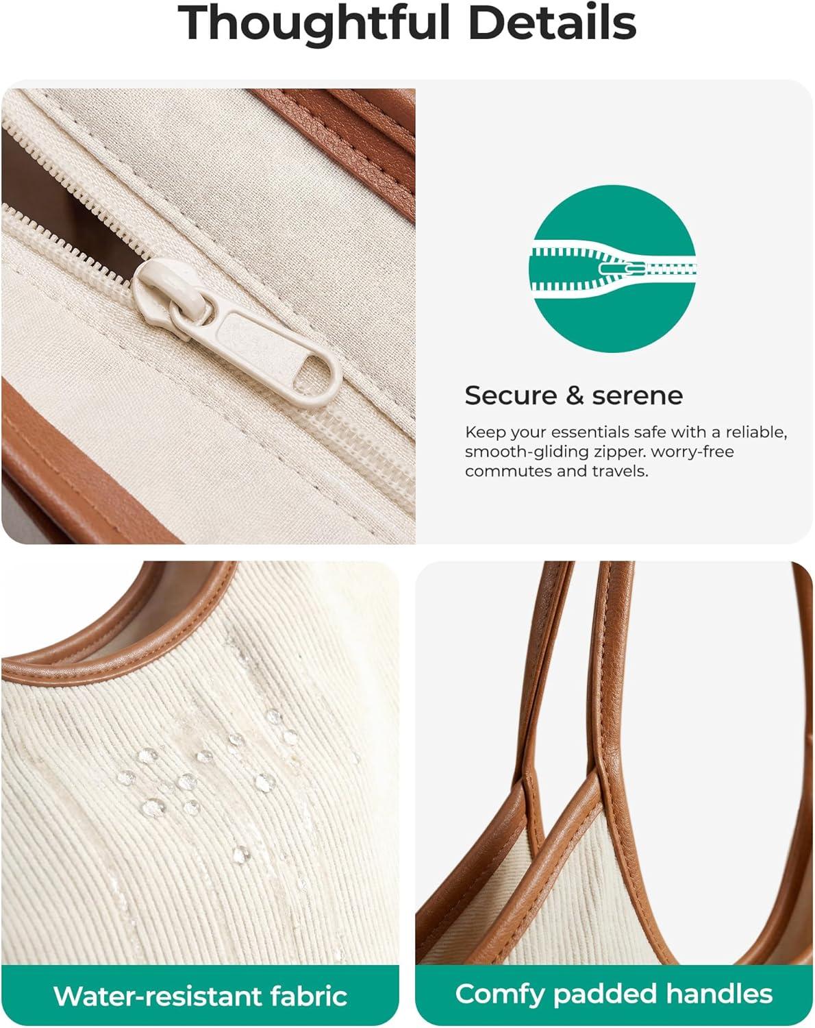 image:imageBAGSMRT Corduroy Tote Bag for Women with PU Leather Handles Casual Shoulder Bag with Zipper Handbag for Travel WorkBrown