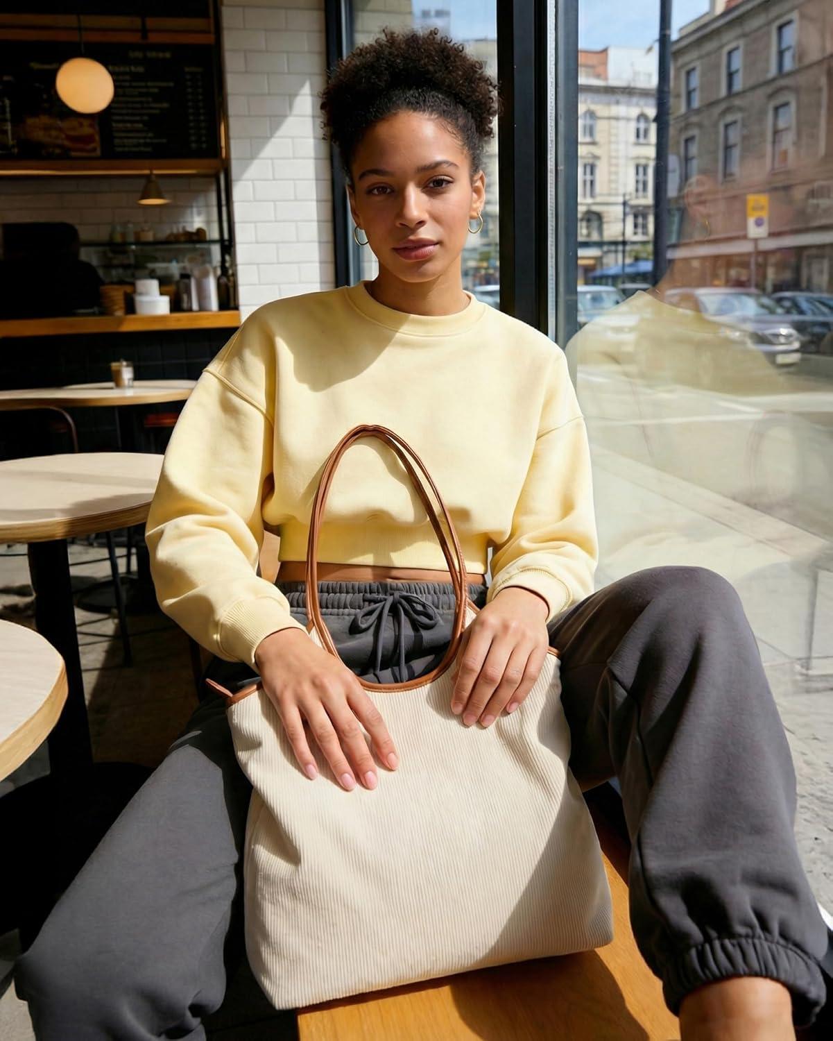 image:imageBAGSMRT Corduroy Tote Bag for Women with PU Leather Handles Casual Shoulder Bag with Zipper Handbag for Travel WorkBrown