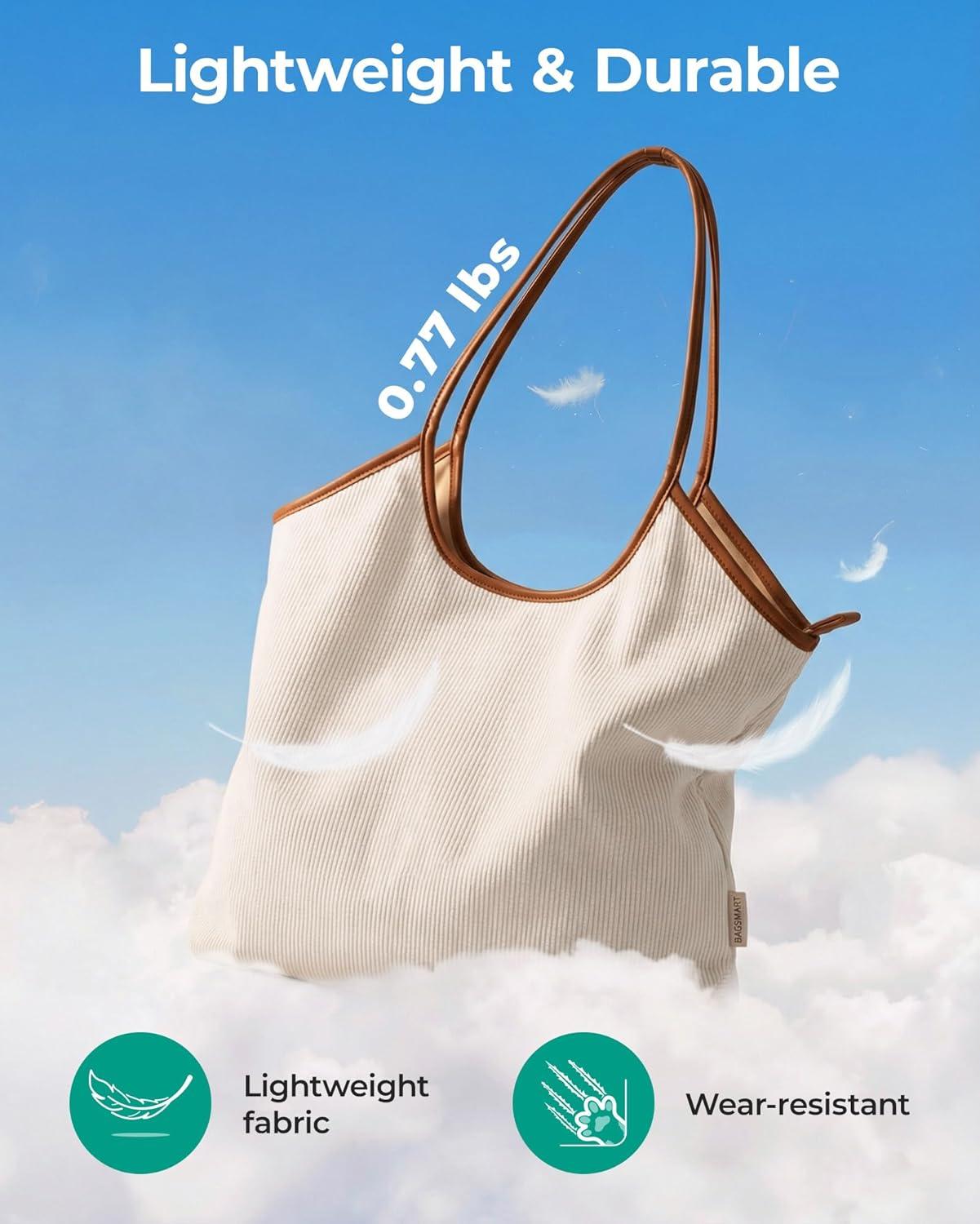 image:imageBAGSMRT Corduroy Tote Bag for Women with PU Leather Handles Casual Shoulder Bag with Zipper Handbag for Travel WorkLight Beige