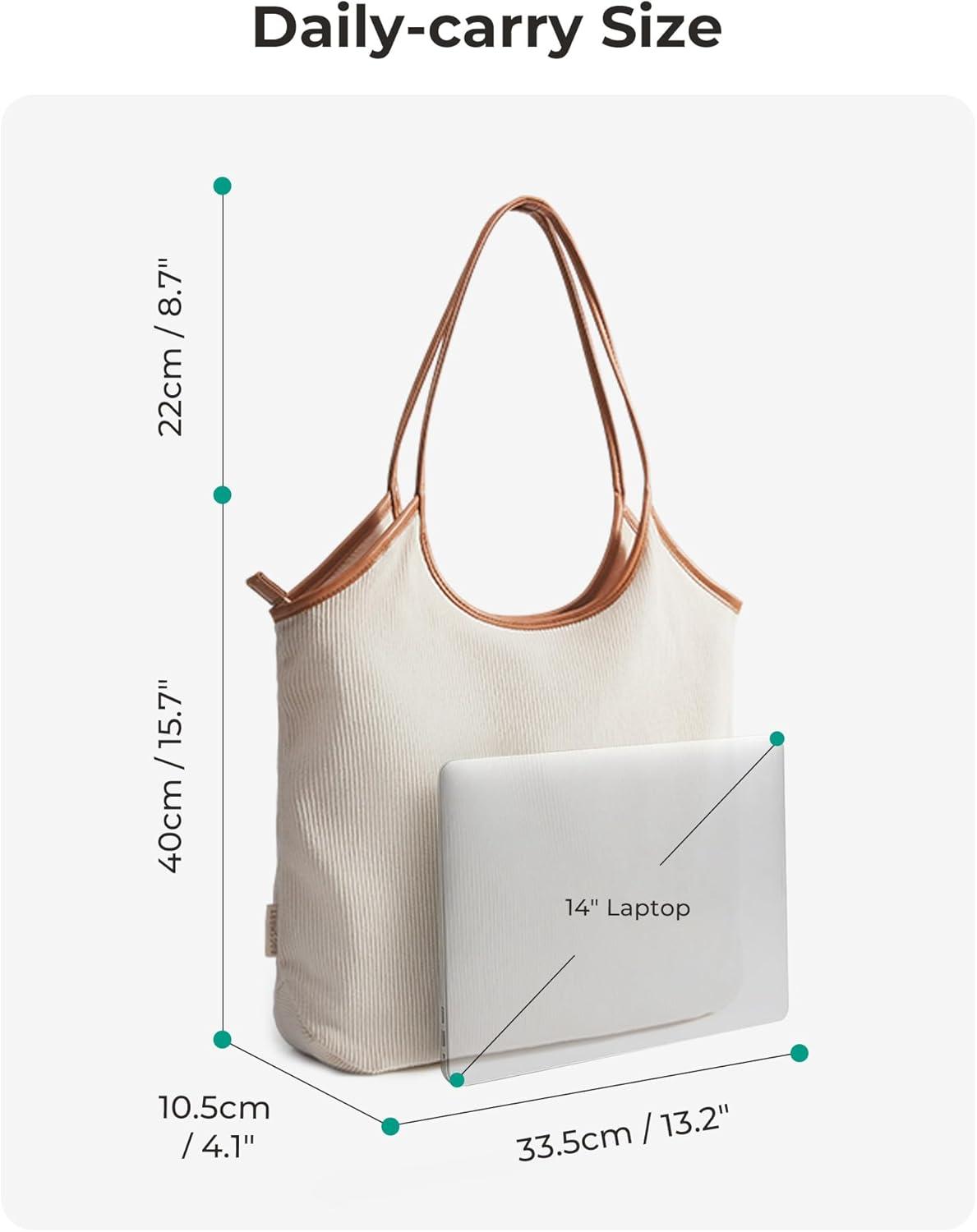 image:imageBAGSMRT Corduroy Tote Bag for Women with PU Leather Handles Casual Shoulder Bag with Zipper Handbag for Travel WorkTan Brown