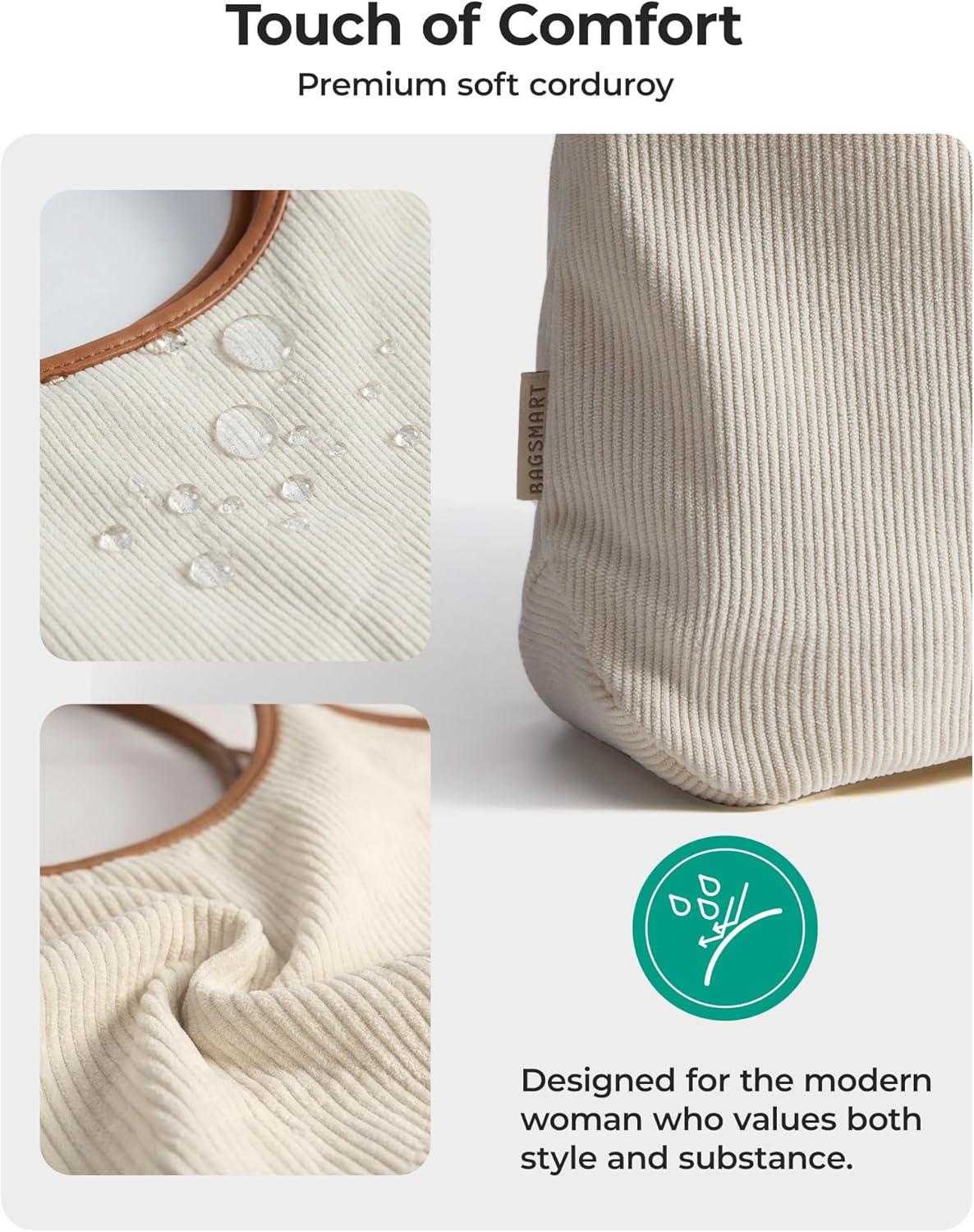 image:imageBAGSMRT Corduroy Tote Bag for Women with PU Leather Handles Casual Shoulder Bag with Zipper Handbag for Travel WorkTan Brown