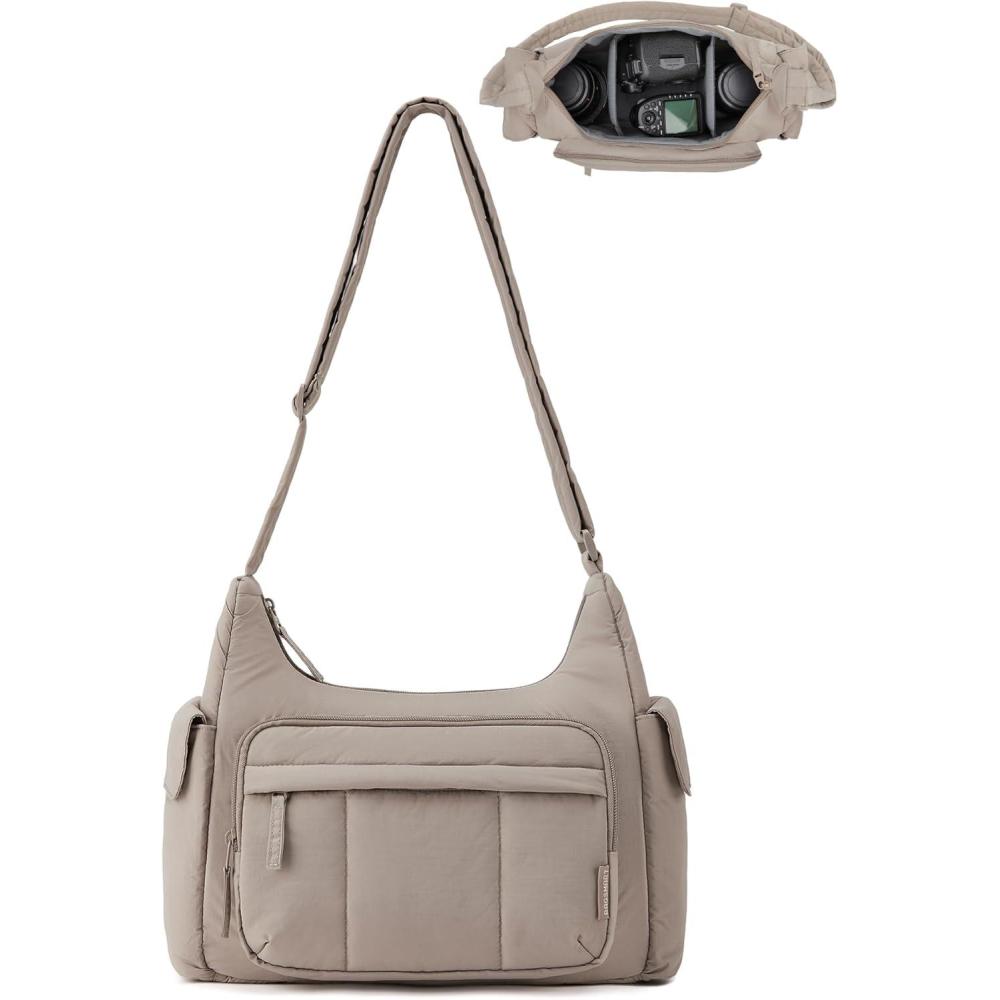 image:imageBAGSMART 2 in 1 Puffy Camera Sling Bag for Photographer Everyday Shoulder Crossbody Bag with Pockets Digital Camera Case for DSLRMirrorless BrownBrown