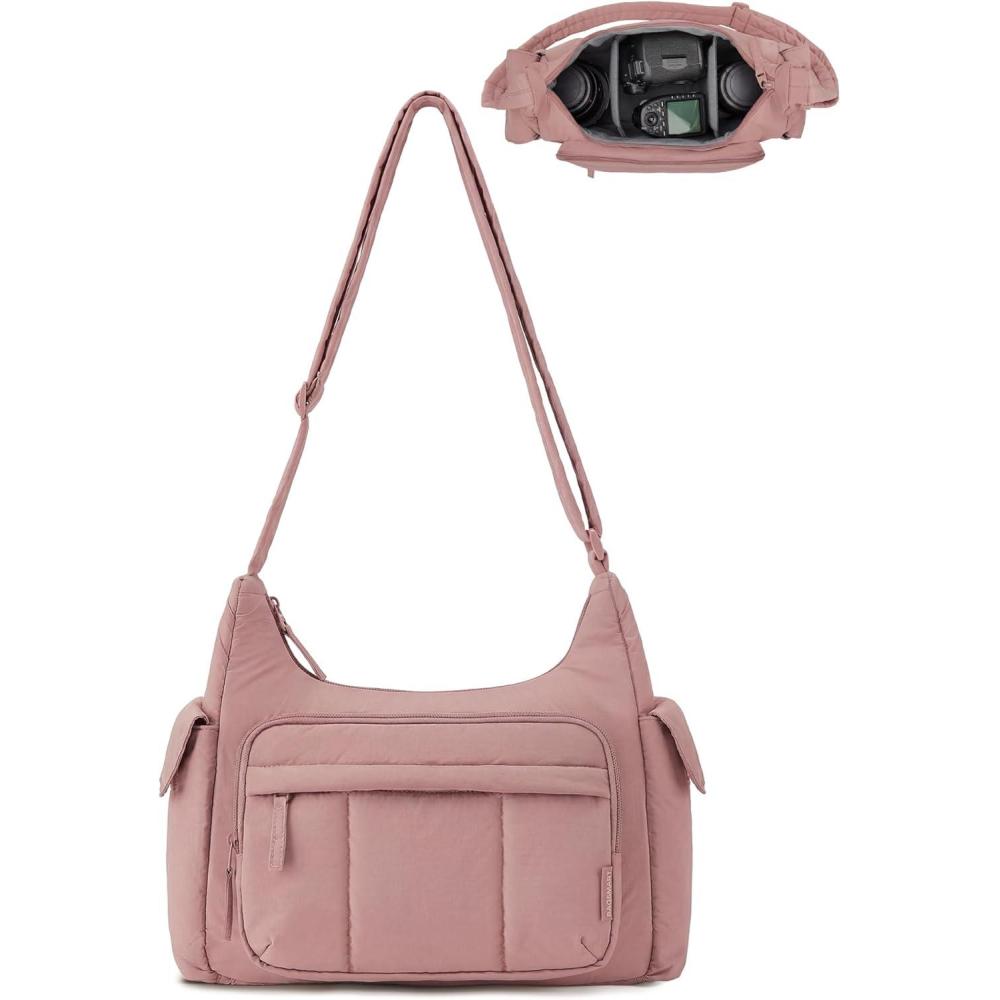 image:imageBAGSMART 2 in 1 Puffy Camera Sling Bag for Photographer Everyday Shoulder Crossbody Bag with Pockets Digital Camera Case for DSLRMirrorless BrownDark Pink