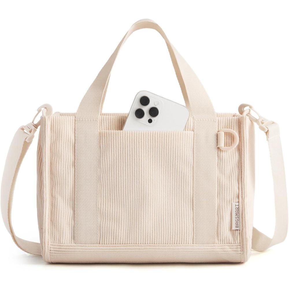 image:imageBAGSMART Corduroy Tote Bag for Women WorkTravel Teacher Nurse Bible Church Hobo  12L fits 14 laptop w 40oz cup holder 5L fits Kindle w cossbody strap For work campus travel everydayBeige