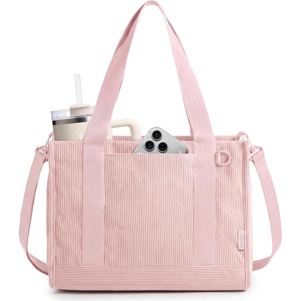 image:imageBAGSMART Corduroy Tote Bag for Women WorkTravel Teacher Nurse Bible Church Hobo  12L fits 14 laptop w 40oz cup holder 5L fits Kindle w cossbody strap For work campus travel everydayCandy Pink