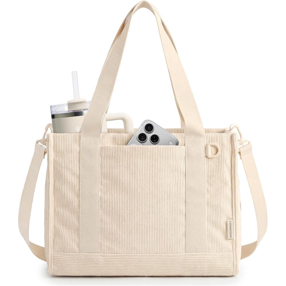 image:imageBAGSMART Corduroy Tote Bag for Women WorkTravel Teacher Nurse Bible Church Hobo  12L fits 14 laptop w 40oz cup holder 5L fits Kindle w cossbody strap For work campus travel everydayCream Beige