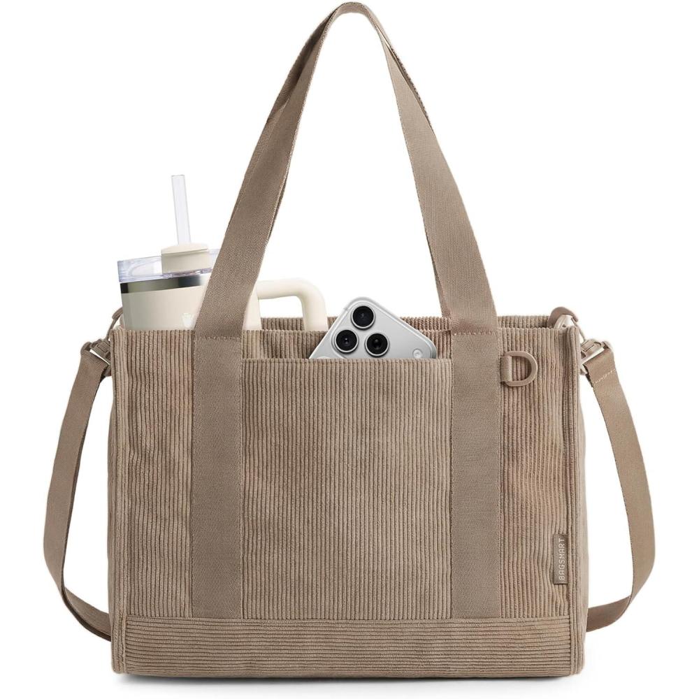 image:imageBAGSMART Corduroy Tote Bag for Women WorkTravel Teacher Nurse Bible Church Hobo  12L fits 14 laptop w 40oz cup holder 5L fits Kindle w cossbody strap For work campus travel everydayCamel