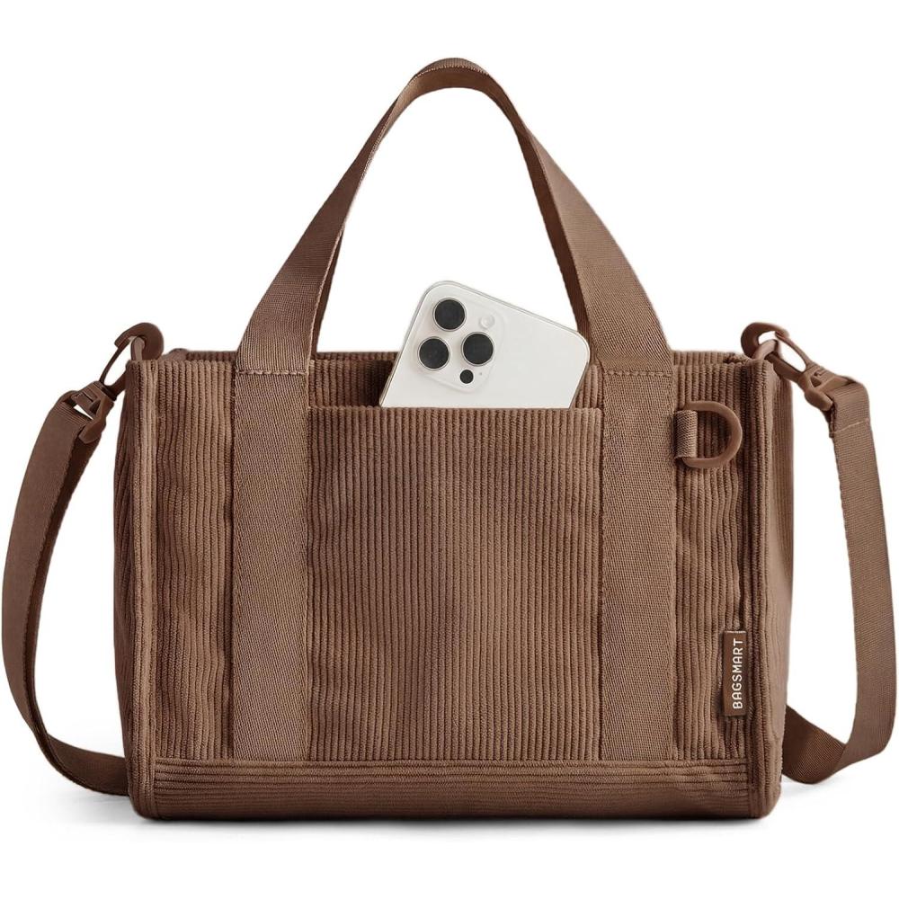 image:imageBAGSMART Corduroy Tote Bag for Women WorkTravel Teacher Nurse Bible Church Hobo  12L fits 14 laptop w 40oz cup holder 5L fits Kindle w cossbody strap For work campus travel everydayDark Brown