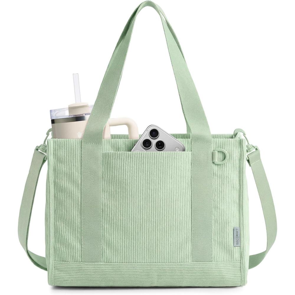 image:imageBAGSMART Corduroy Tote Bag for Women WorkTravel Teacher Nurse Bible Church Hobo  12L fits 14 laptop w 40oz cup holder 5L fits Kindle w cossbody strap For work campus travel everydayLight Green