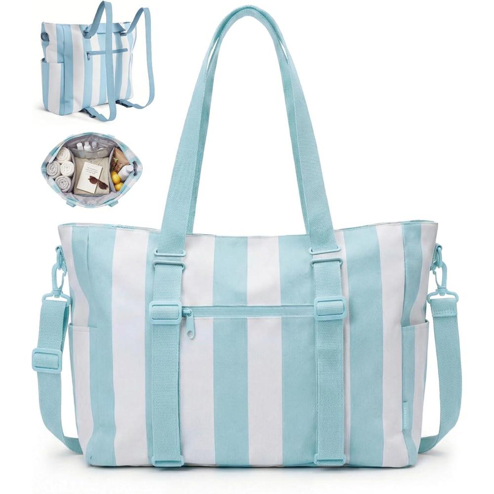 image:imageBAGSMART Large Beach Bag for Women Oversize Tote Bag for TravelPoolSummer 3Ways to Carry Cruise Essentials Family Picnic Extralarge mom bag Sandproof zip open Womens summer giftsSky Blue Stripe