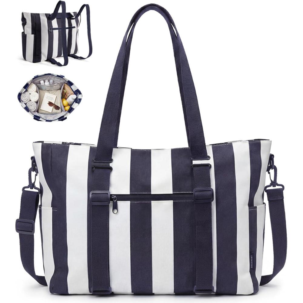 image:imageBAGSMART Large Beach Bag for Women Oversize Tote Bag for TravelPoolSummer  3Ways to Carry Cruise Essentials Family Picnic Extralarge mom bag Sandproof zip open Womens summer giftsNautical Stripe