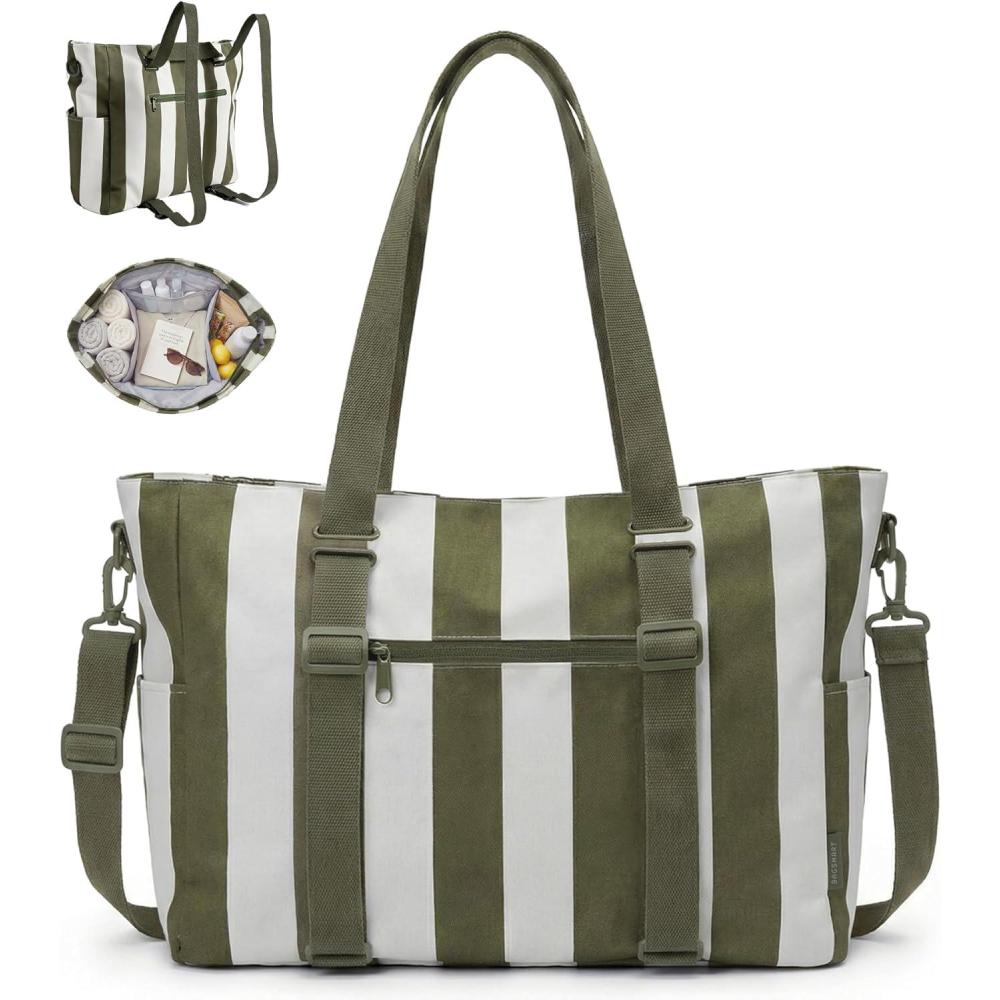image:imageBAGSMART Large Beach Bag for Women Oversize Tote Bag for TravelPoolSummer  3Ways to Carry Cruise Essentials Family Picnic Extralarge mom bag Sandproof zip open Womens summer giftsSage Green Stripe