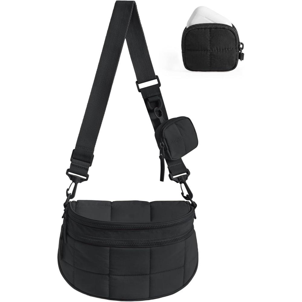 image:imageBAGSMART Small Crossbody Bags for WomenPuffer Cute Bum Bag with Pouch Quilted Purse for Daily Travel College Camel 46L compact size small yet spacious structured bum bag 2in1 setBlack