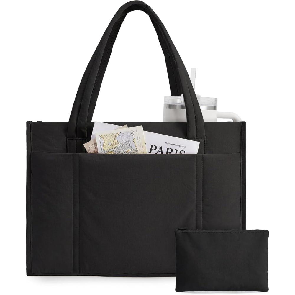 image:imageBAGSMART Tote Bag for Women 2Pc Puffer Tote Bag Set with Zipper Quilted Large Work Teacher Bag for TravelBlack