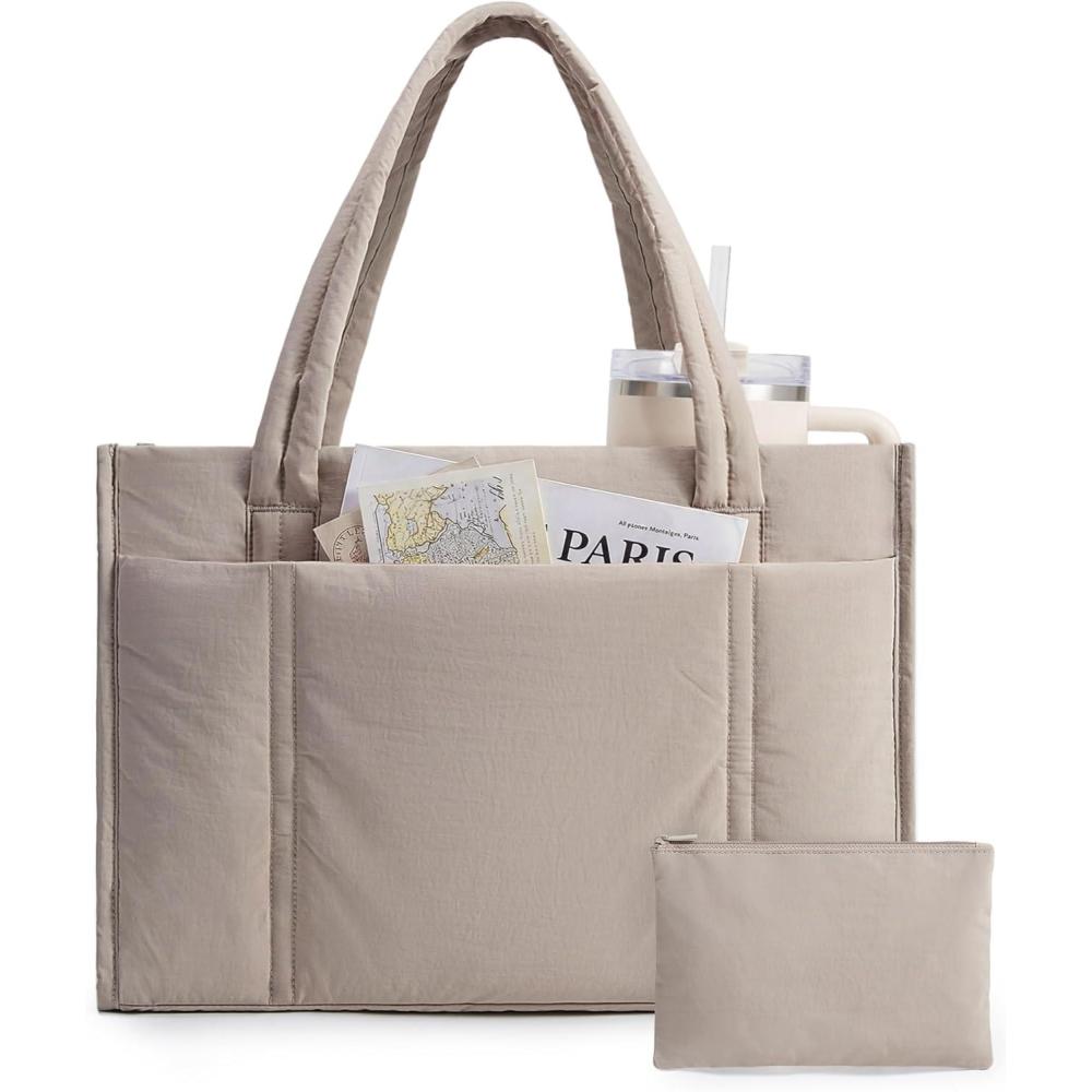 image:imageBAGSMART Tote Bag for Women 2Pc Puffer Tote Bag Set with Zipper Quilted Large Work Teacher Bag for TravelBrown