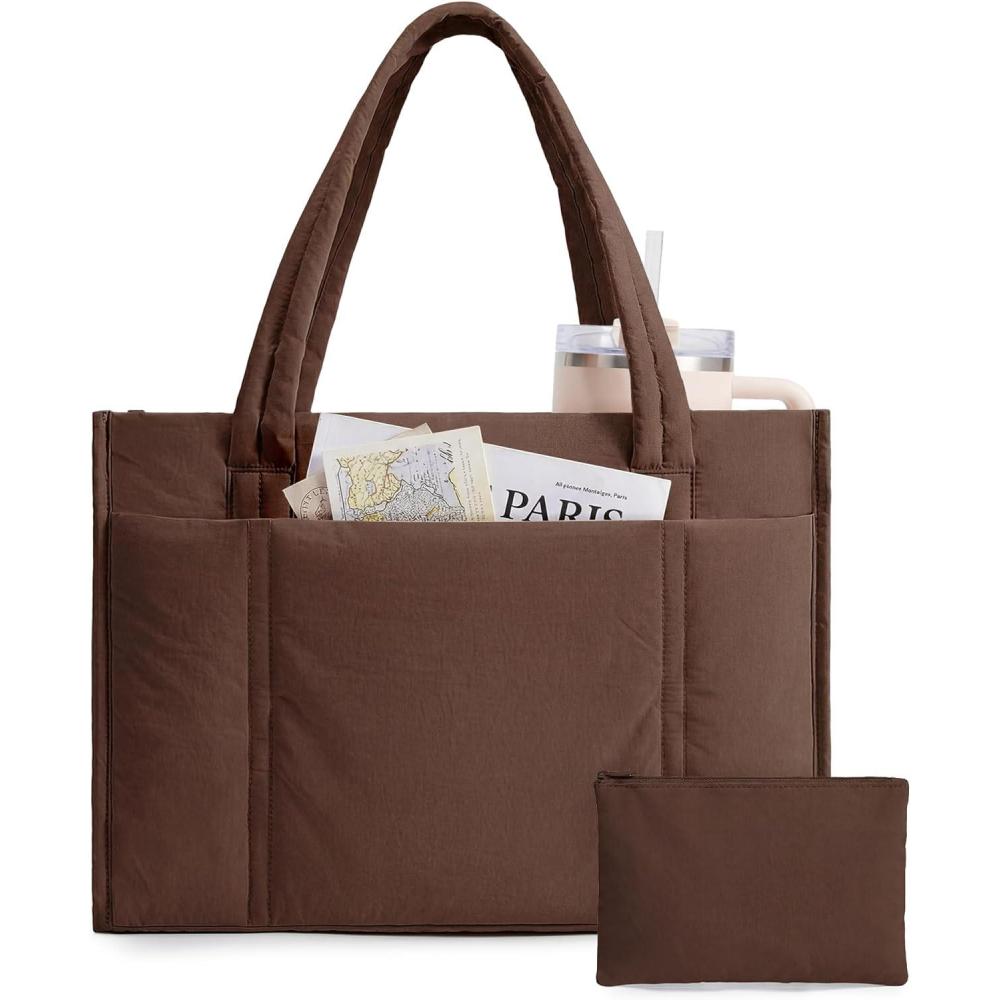 image:imageBAGSMART Tote Bag for Women 2Pc Puffer Tote Bag Set with Zipper Quilted Large Work Teacher Bag for TravelCoffee Brown