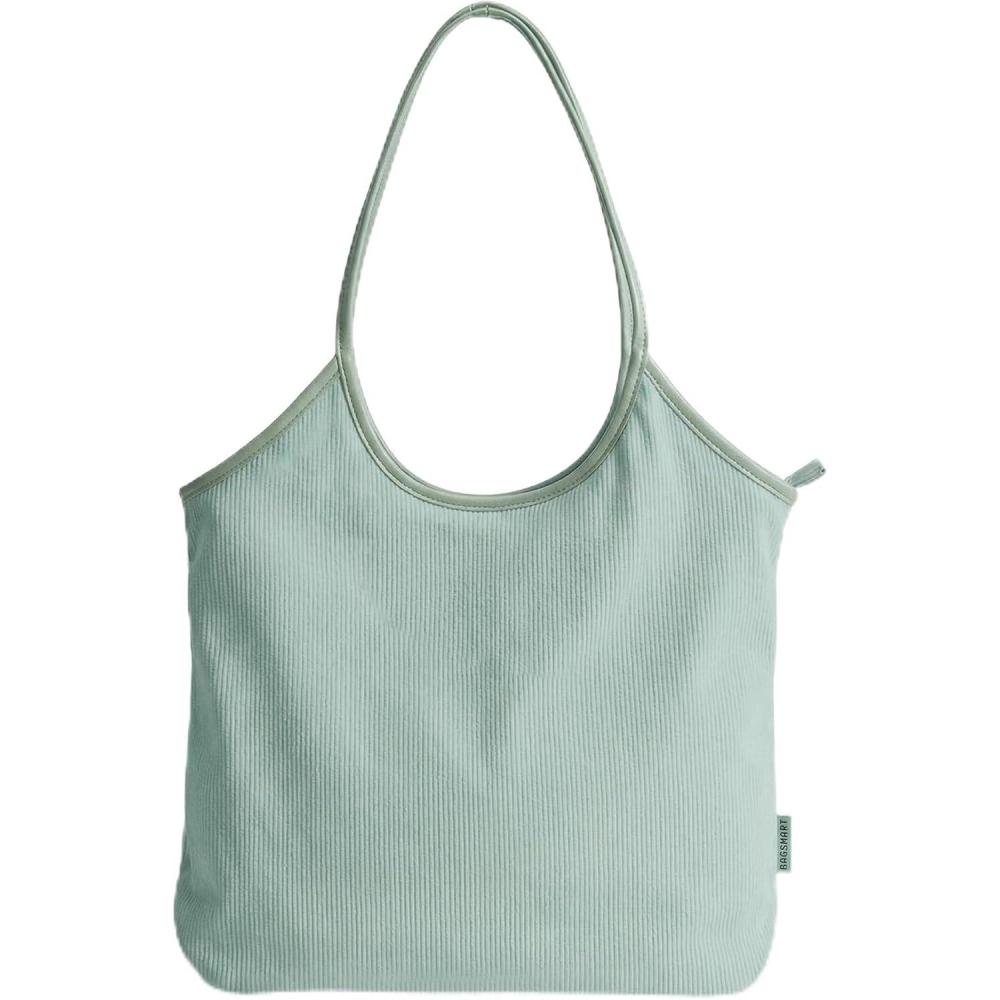 image:imageBAGSMRT Corduroy Tote Bag for Women with PU Leather Handles Casual Shoulder Bag with Zipper Handbag for Travel WorkForest Green