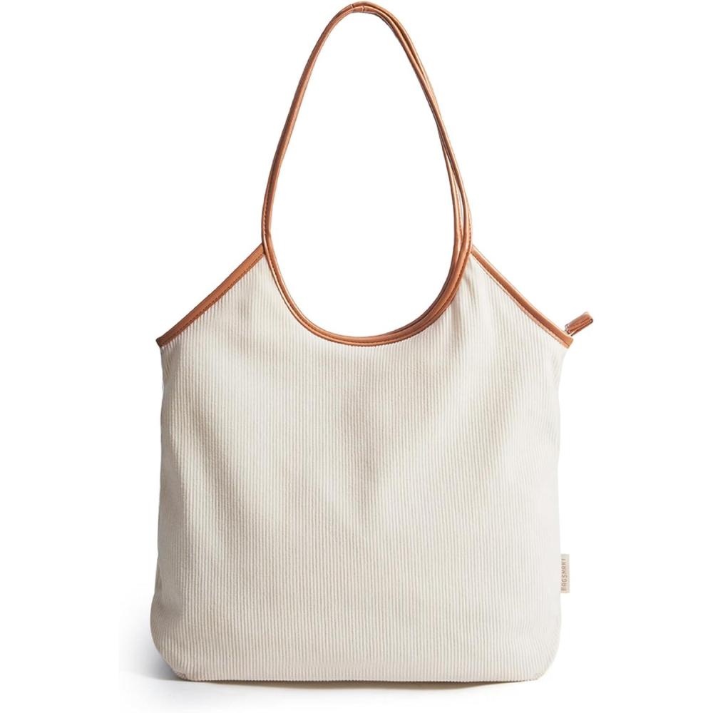 image:imageBAGSMRT Corduroy Tote Bag for Women with PU Leather Handles Casual Shoulder Bag with Zipper Handbag for Travel WorkLight Beige