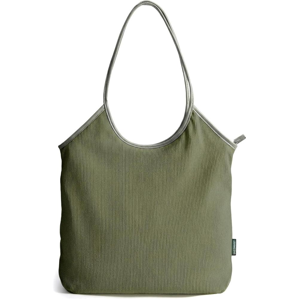 image:imageBAGSMRT Corduroy Tote Bag for Women with PU Leather Handles Casual Shoulder Bag with Zipper Handbag for Travel WorkOlive Green