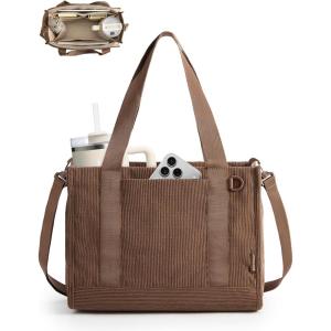 BAGSMART Corduroy Tote Bag for Women Work/Travel, Teacher Nurse Bible Church Hobo | 12L fits 14″ laptop, w/ 40oz cup holder, 5L fits Kindle, w/ cossbody strap, For work, campus, travel, everyday(Mocha Brown)