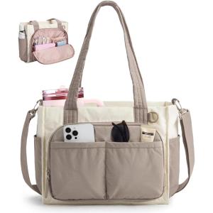 BAGSMART Tote Bag for Women Work, Puffy Travel Tote Handbag Gift for Teacher & Nurse | Medium-13″ laptop, w/ 30oz cup holder, Large-15.6″ laptop, w/ 40oz cup holder, For campus, work, travel, everyday(C-latte Brown)