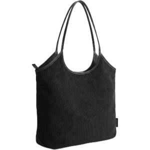 BAGSMRT Corduroy Tote Bag for Women with PU Leather Handles, Casual Shoulder Bag with Zipper Handbag for Travel Work(Black)