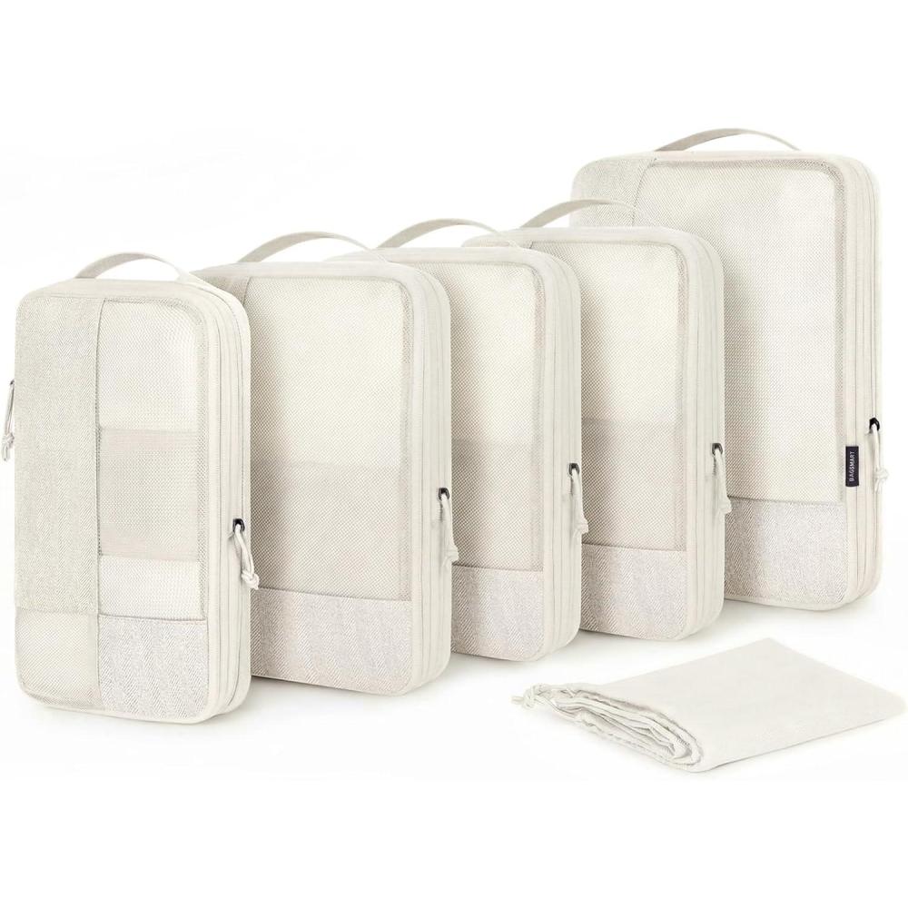 image:imageBAGSMART Compression Packing Cubes for Travel 6 Set Packing Cubes for Carry on Suitcases Compression Travel Cubes amp Suitcase Organizer for Packing with Shoe Bag GreyLight Beige