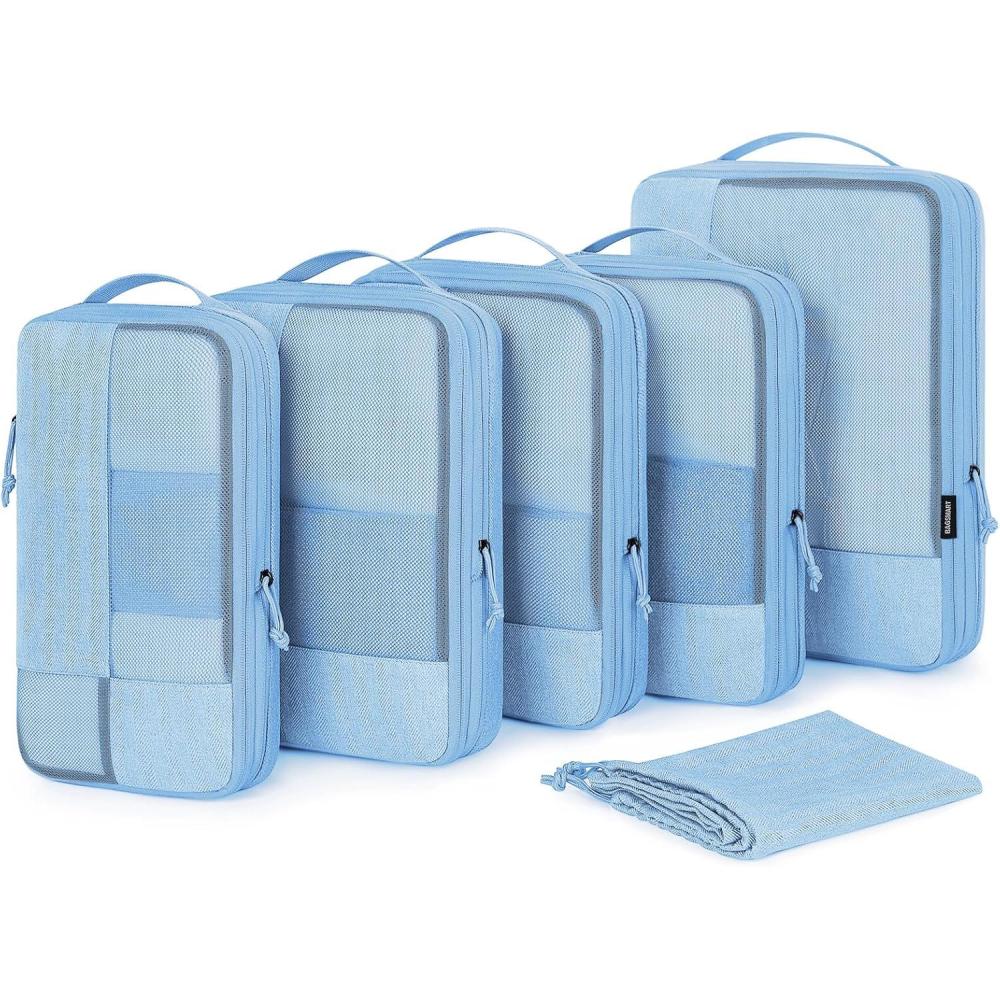 image:imageBAGSMART Compression Packing Cubes for Travel 6 Set Packing Cubes for Carry on Suitcases Compression Travel Cubes amp Suitcase Organizer for Packing with Shoe Bag GreySky Blue